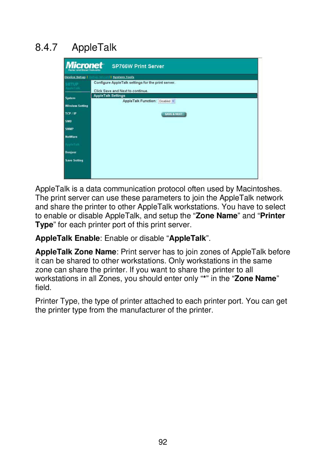 MicroNet Technology SP766W user manual AppleTalk Enable Enable or disable AppleTalk 