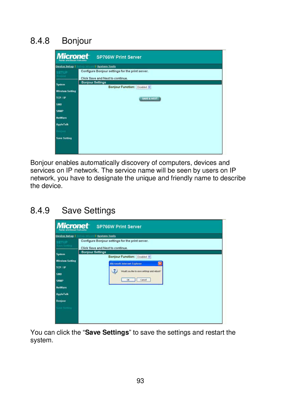 MicroNet Technology SP766W user manual Bonjour, Save Settings 