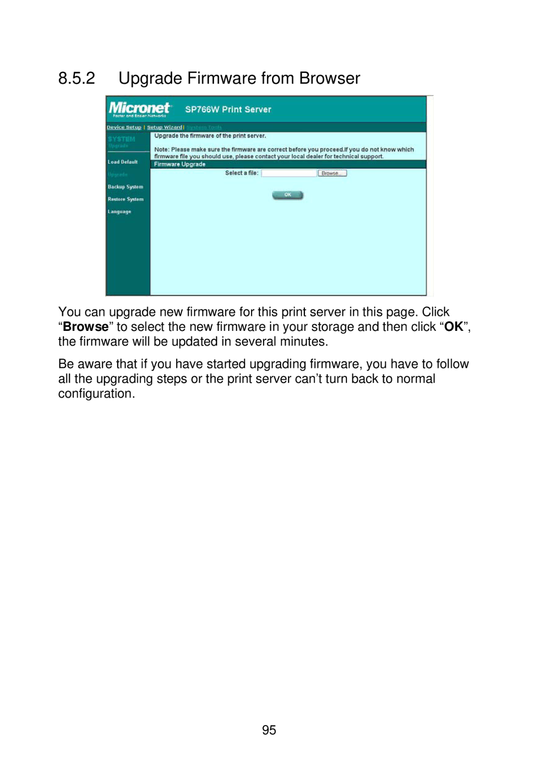 MicroNet Technology SP766W user manual Upgrade Firmware from Browser 