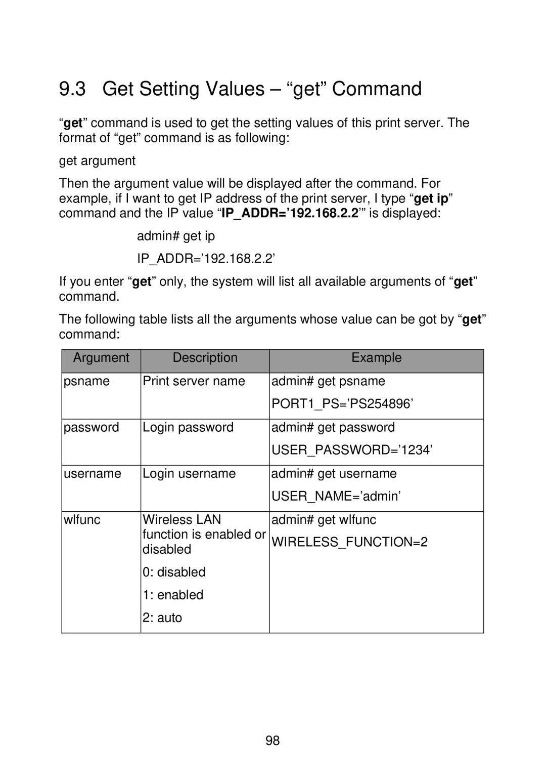 MicroNet Technology SP766W user manual Get Setting Values get Command, USERPASSWORD=’1234’ 