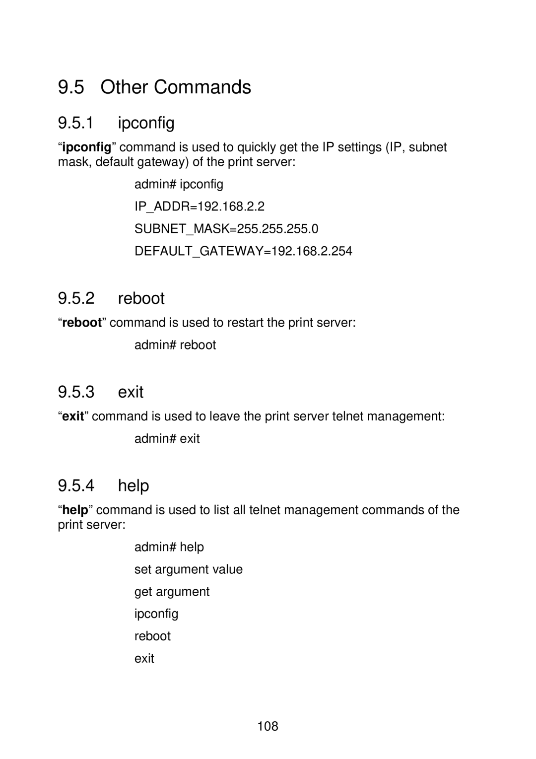 MicroNet Technology SP766W user manual Other Commands, Ipconfig, Reboot, Exit, Help 