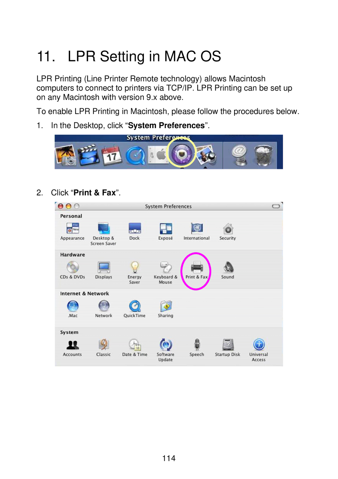 MicroNet Technology SP766W user manual LPR Setting in MAC OS, Click Print & Fax 