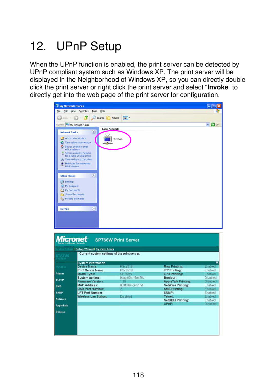 MicroNet Technology SP766W user manual UPnP Setup 