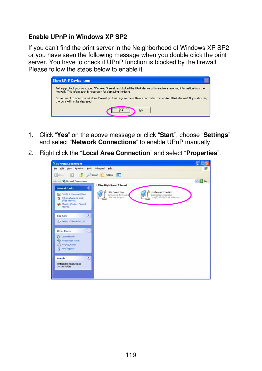 MicroNet Technology SP766W user manual Enable UPnP in Windows XP SP2 