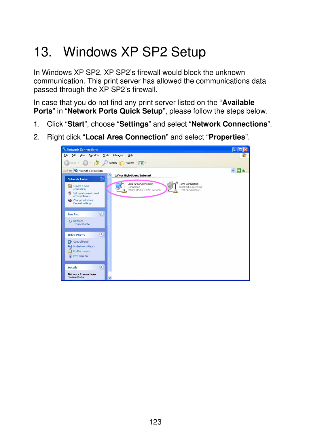 MicroNet Technology SP766W user manual Windows XP SP2 Setup, Right click Local Area Connection and select Properties 