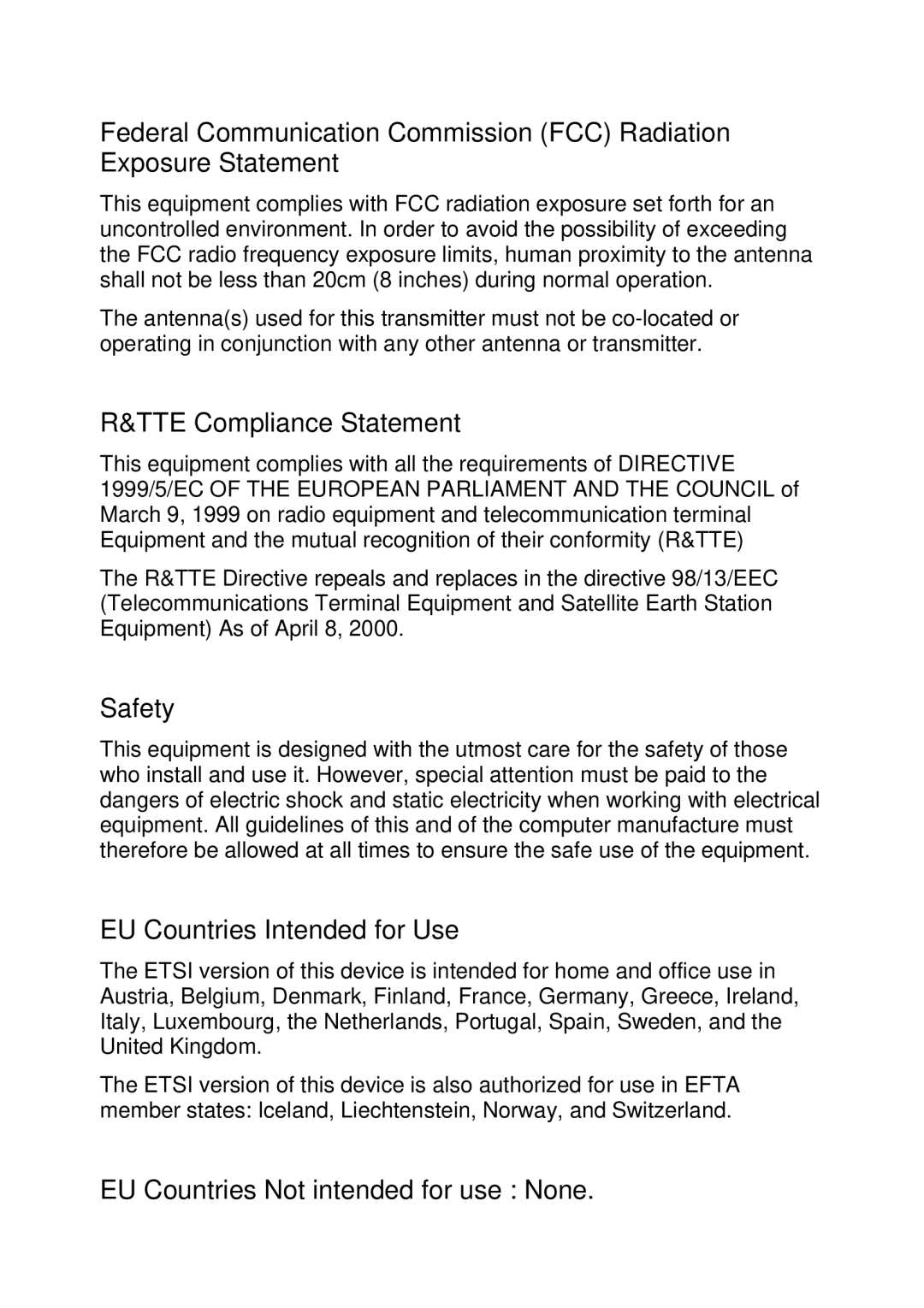 MicroNet Technology SP766W user manual EU Countries Not intended for use None 