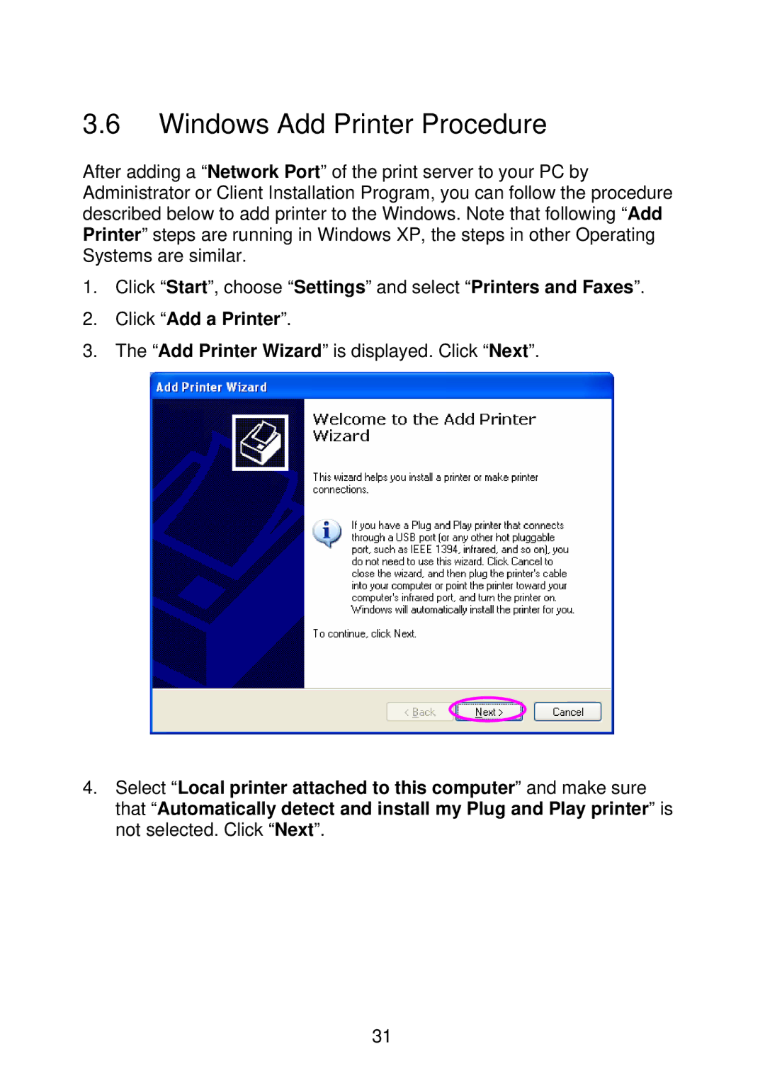 MicroNet Technology SP766W user manual Windows Add Printer Procedure, Click Add a Printer 