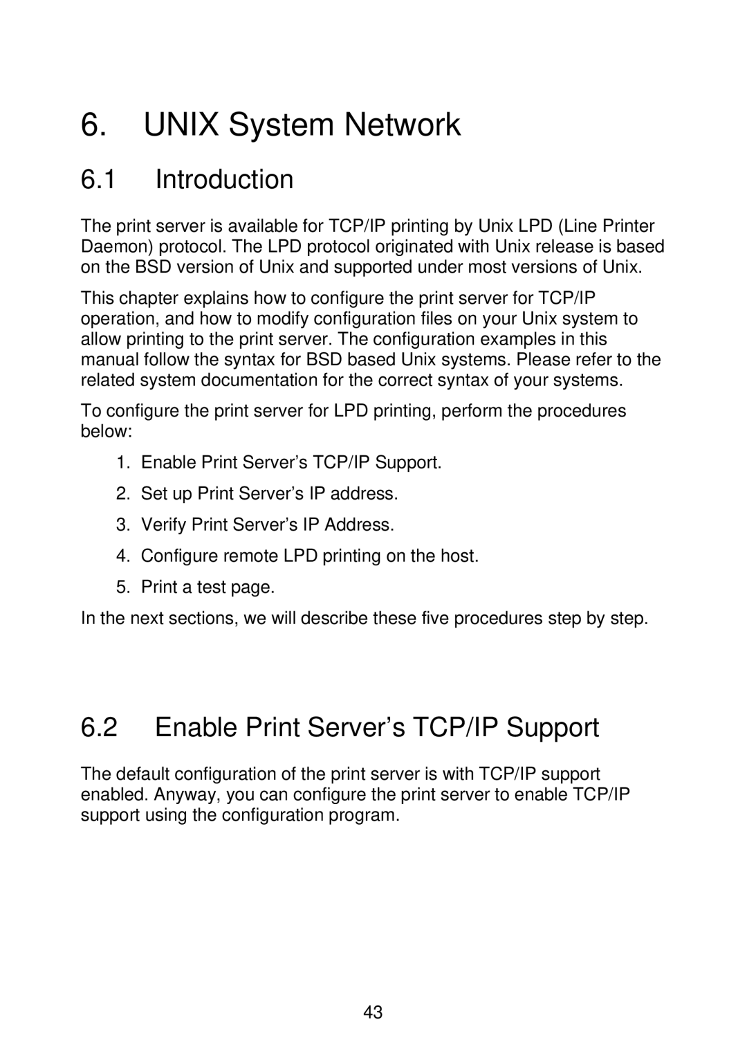 MicroNet Technology SP766W user manual Unix System Network, Introduction, Enable Print Server’s TCP/IP Support 