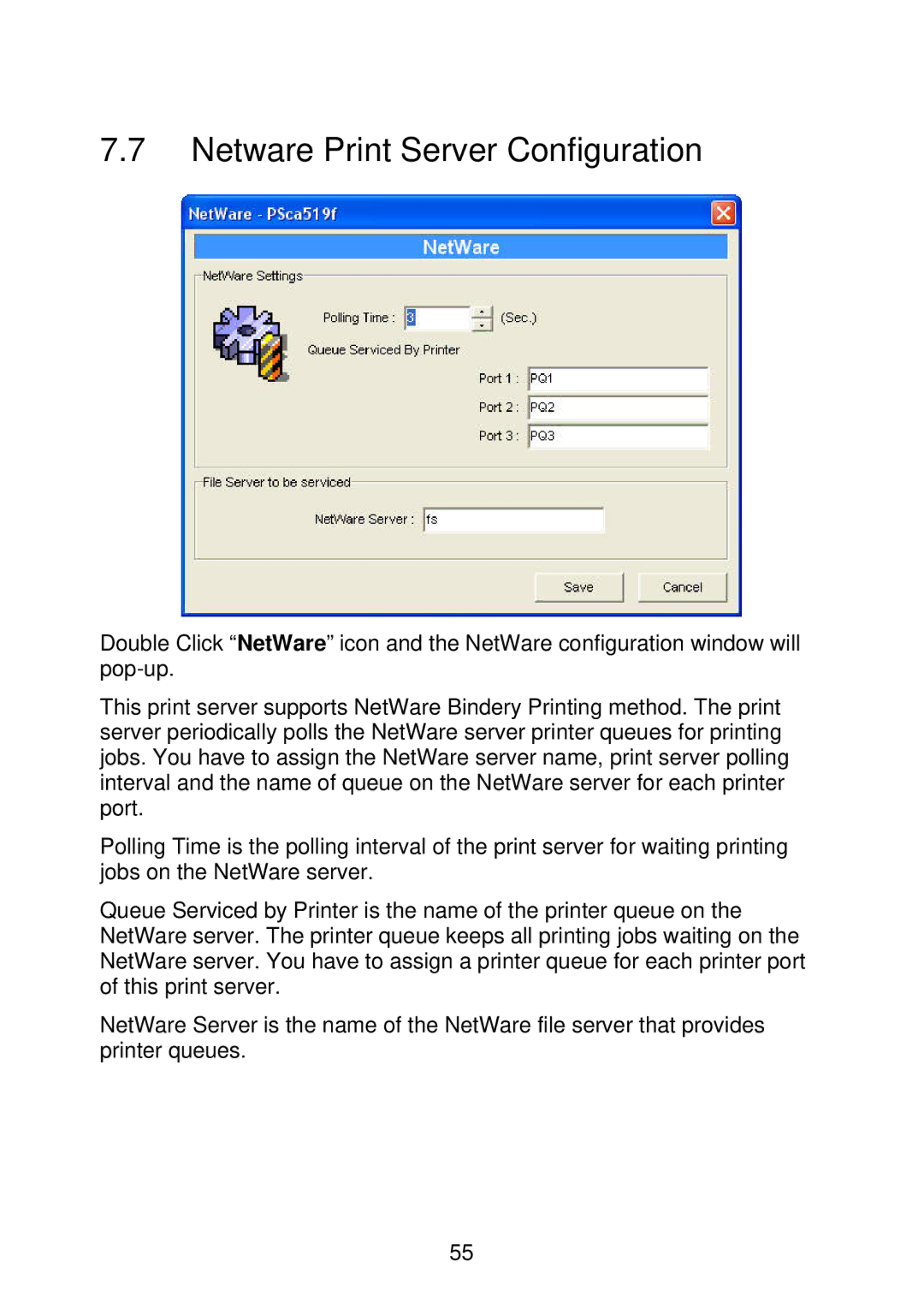 MicroNet Technology SP766W user manual Netware Print Server Configuration 