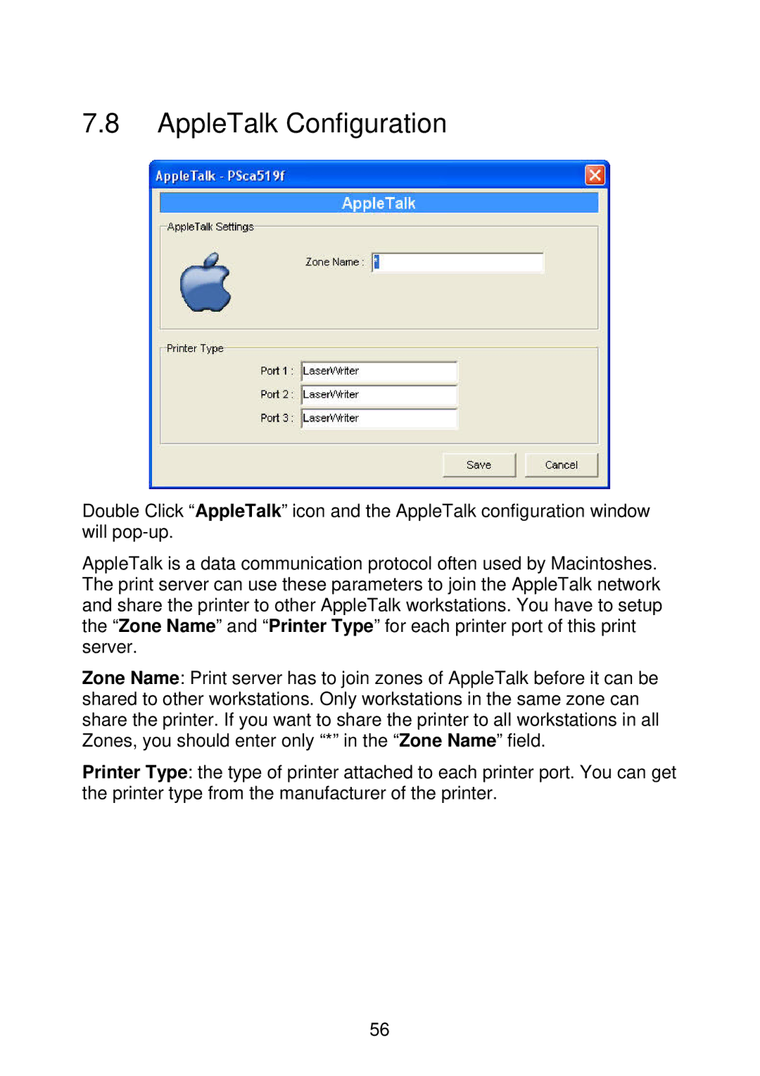 MicroNet Technology SP766W user manual AppleTalk Configuration 