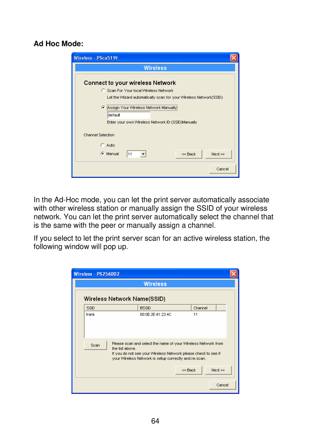 MicroNet Technology SP766W user manual Ad Hoc Mode 