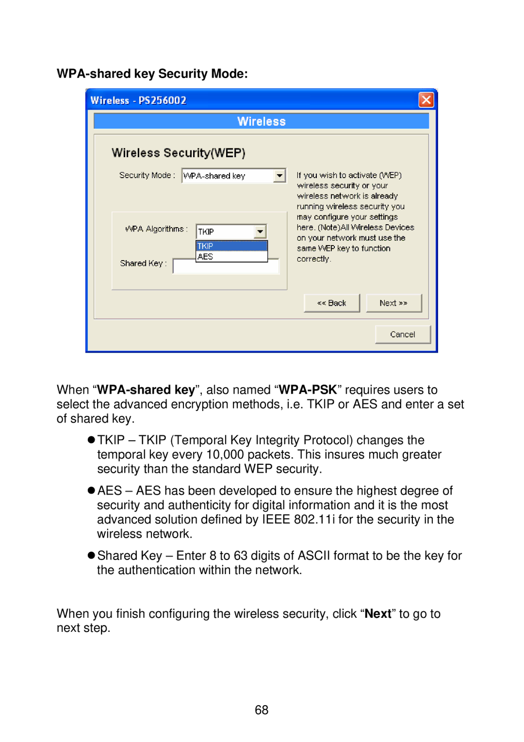 MicroNet Technology SP766W user manual WPA-shared key Security Mode 