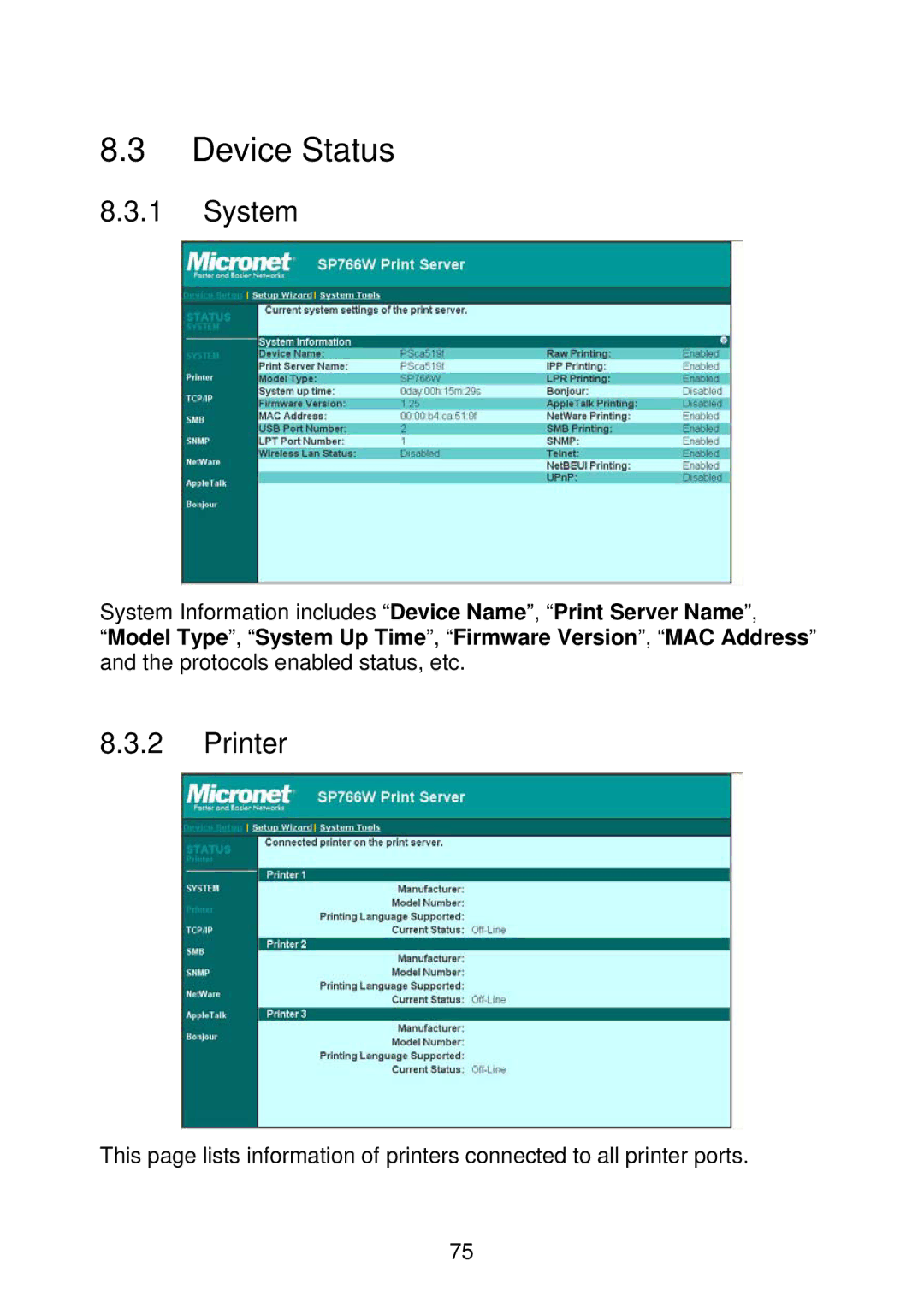 MicroNet Technology SP766W user manual Device Status, System, Printer 