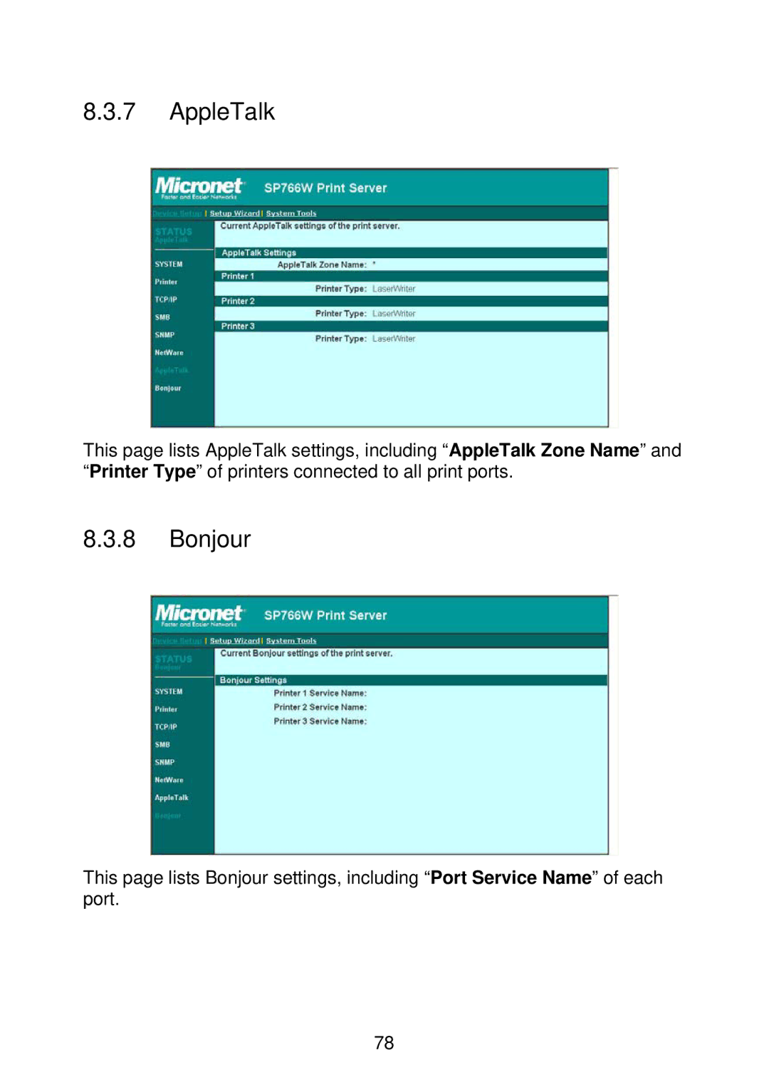 MicroNet Technology SP766W user manual AppleTalk, Bonjour 