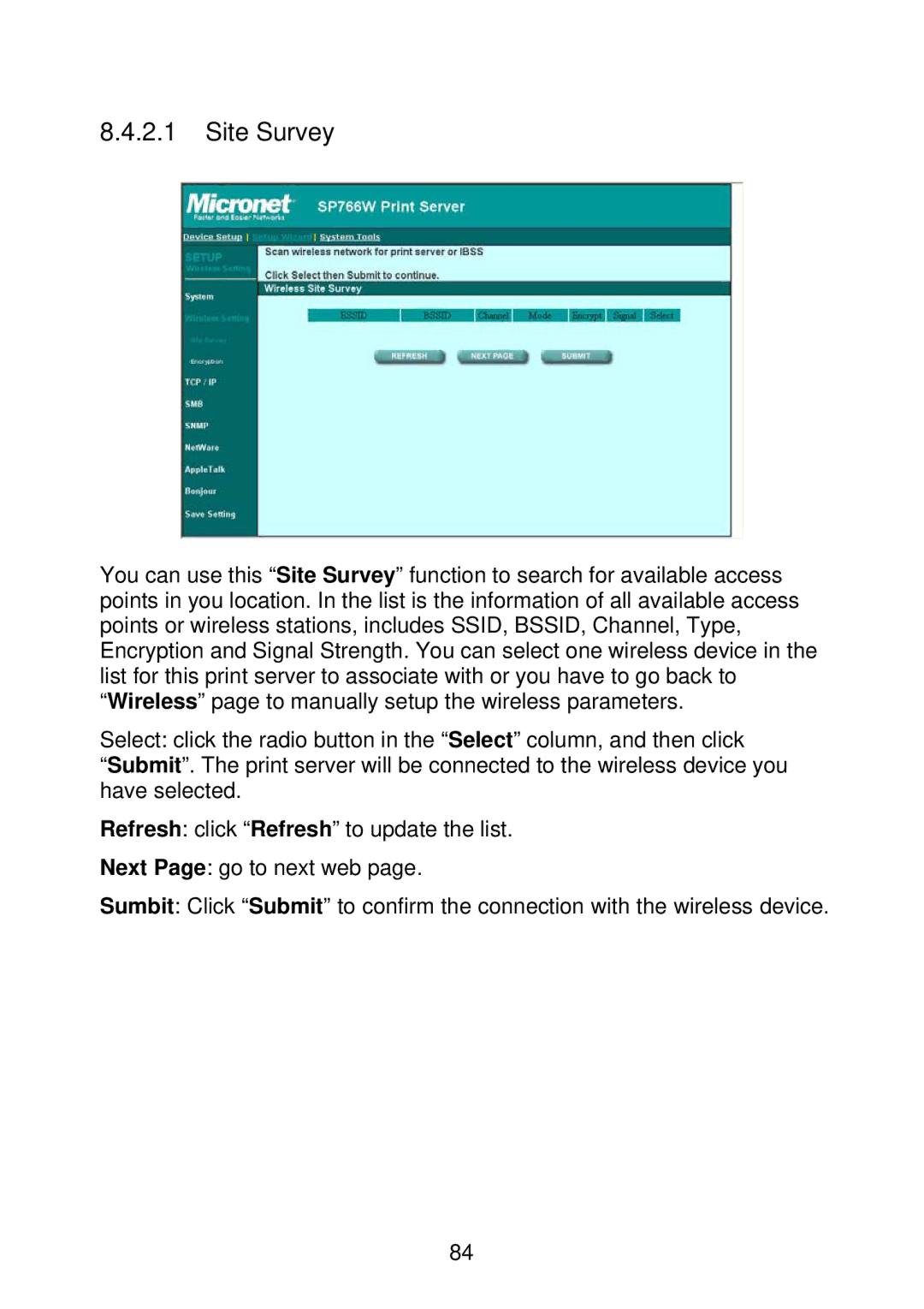 MicroNet Technology SP766W user manual Site Survey 