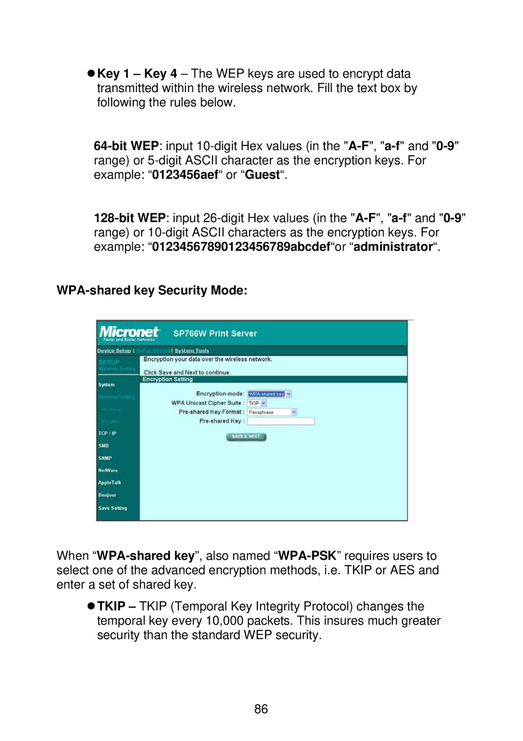 MicroNet Technology SP766W user manual WPA-shared key Security Mode 