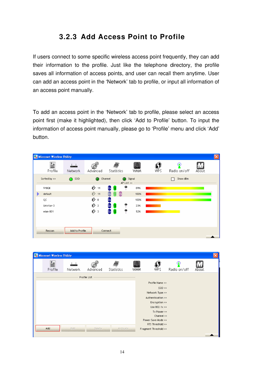 MicroNet Technology SP907NL user manual Add Access Point to Profile 