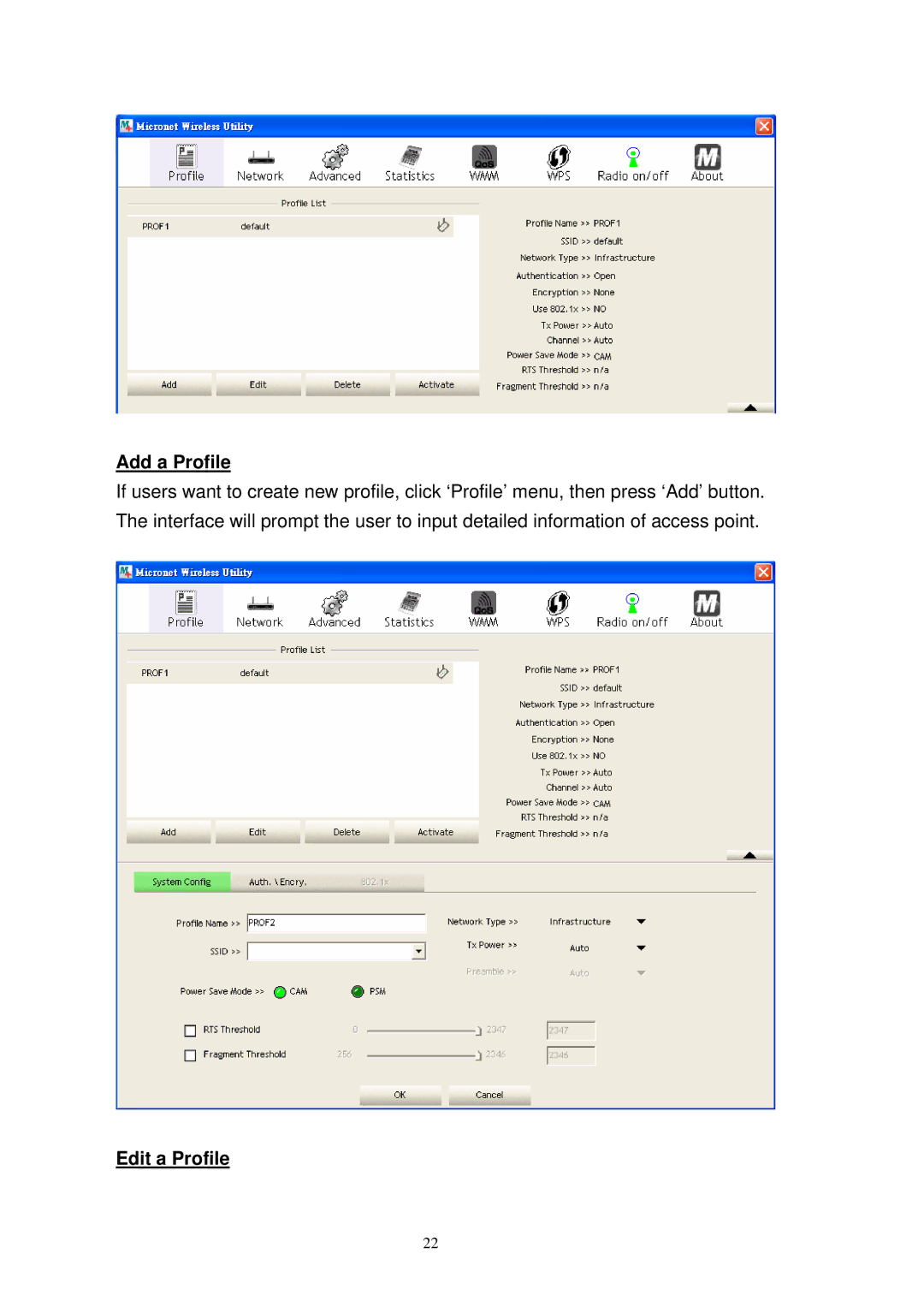 MicroNet Technology SP907NL user manual Add a Profile, Edit a Profile 