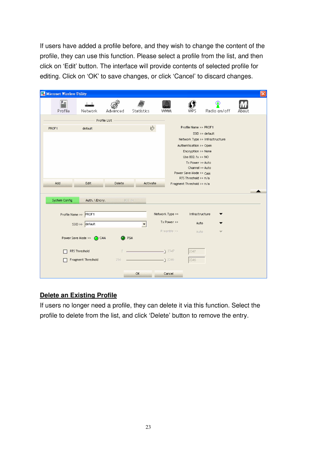 MicroNet Technology SP907NL user manual Delete an Existing Profile 