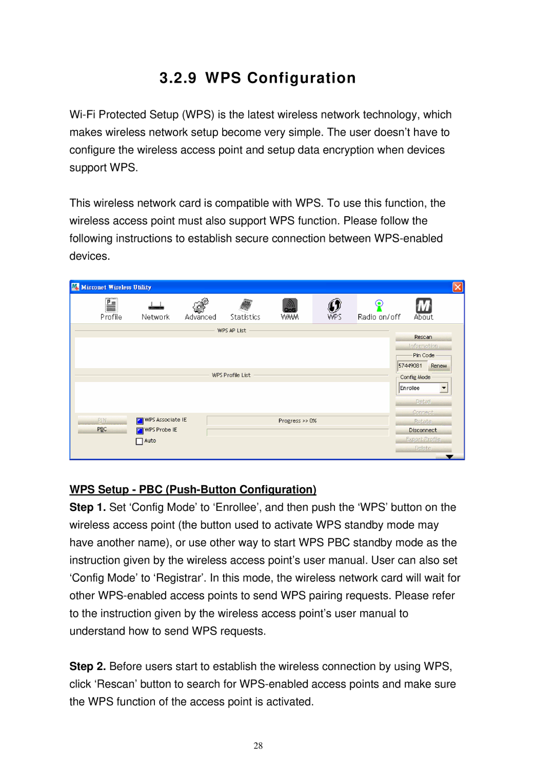 MicroNet Technology SP907NL user manual WPS Configuration, WPS Setup PBC Push-Button Configuration 