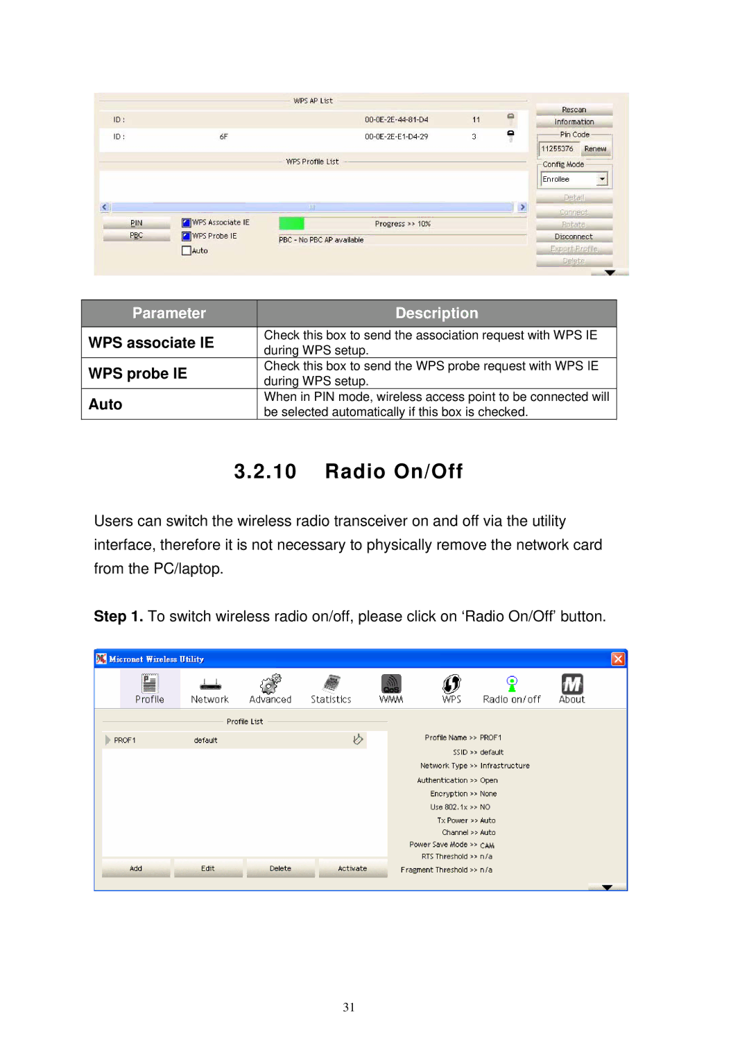 MicroNet Technology SP907NL user manual Radio On/Off, WPS associate IE, WPS probe IE, Auto 