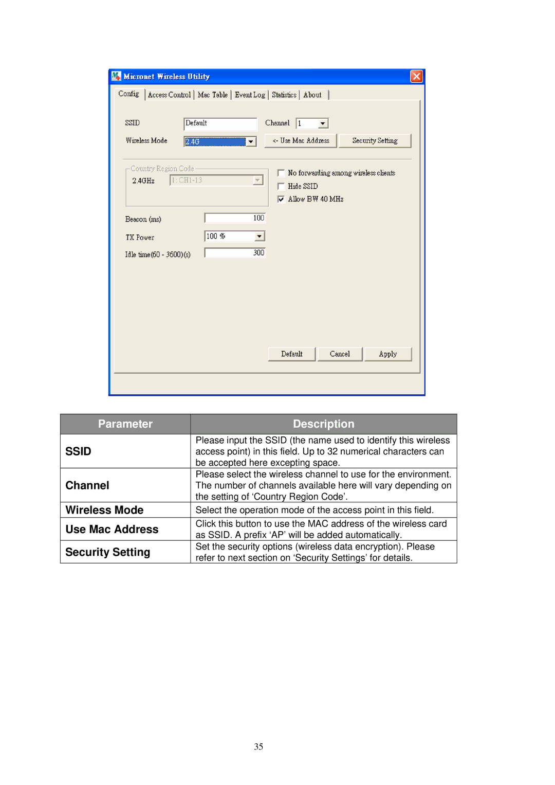 MicroNet Technology SP907NL user manual Use Mac Address, Security Setting 