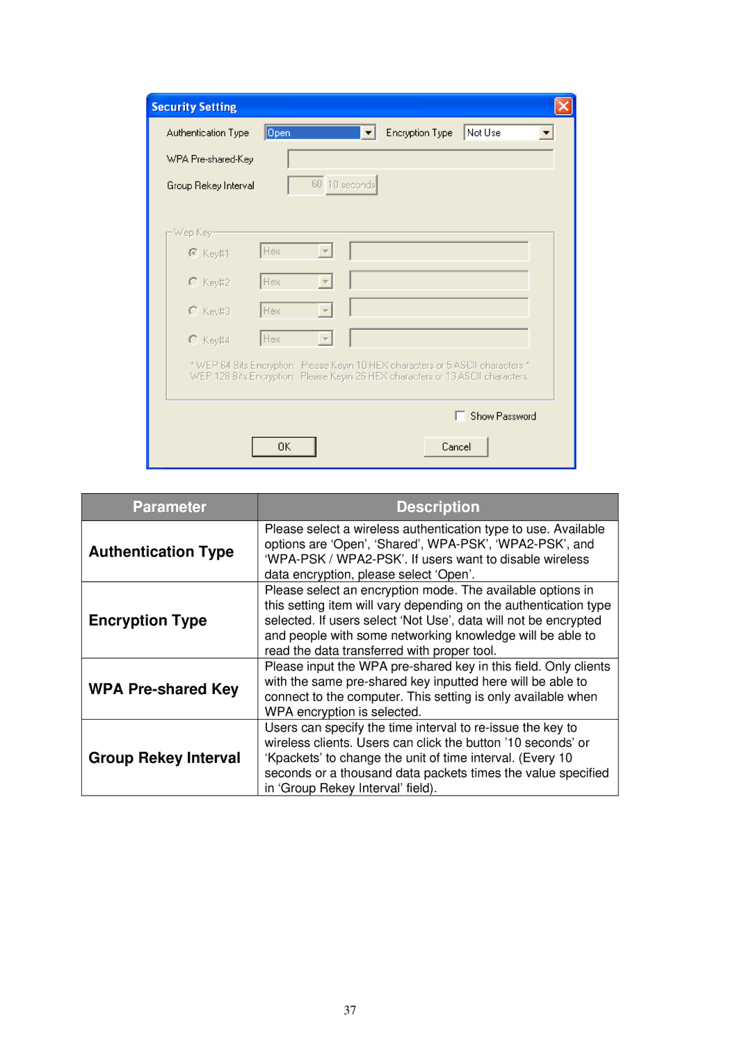 MicroNet Technology SP907NL user manual Authentication Type, Encryption Type, WPA Pre-shared Key, Group Rekey Interval 