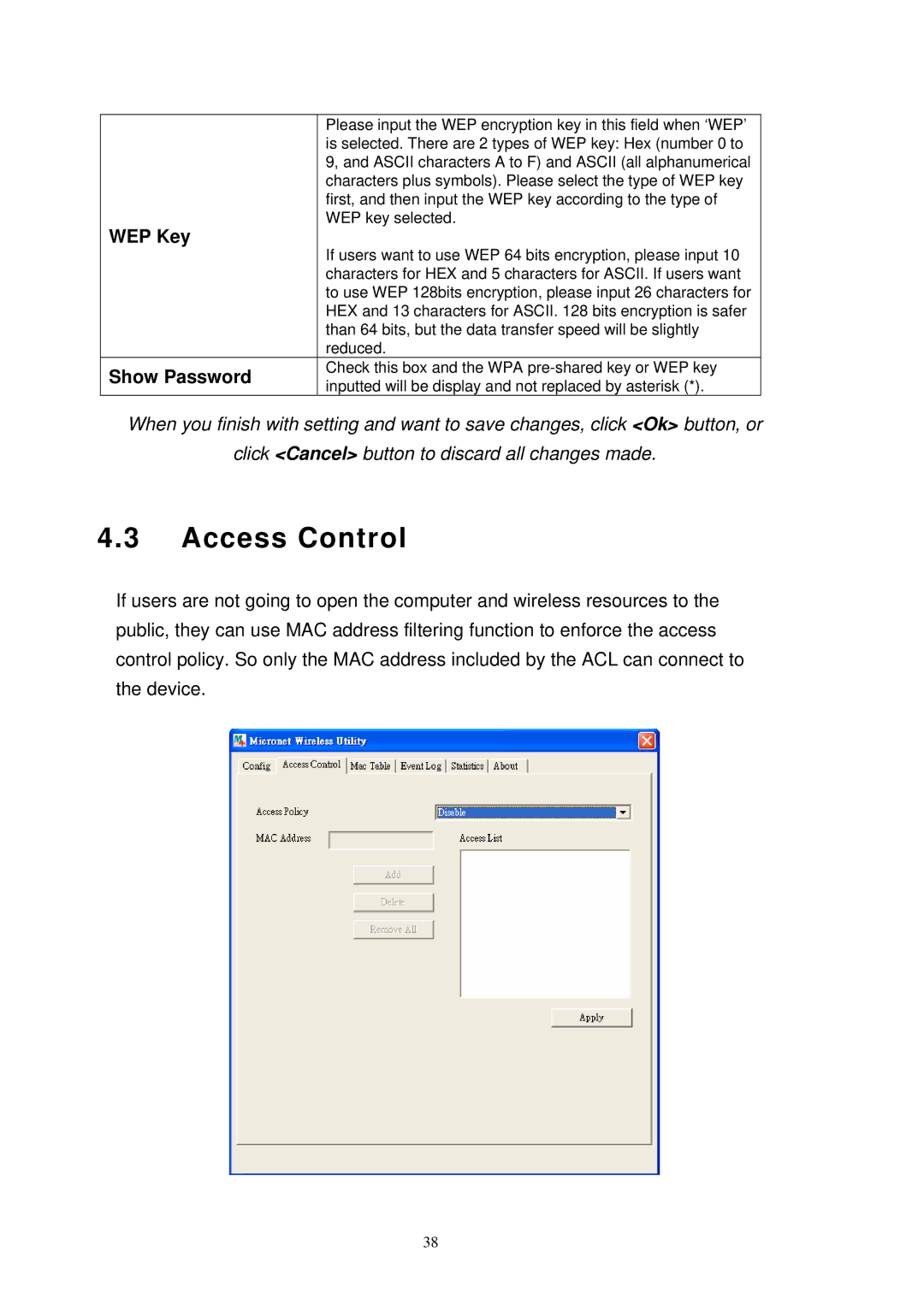 MicroNet Technology SP907NL user manual Access Control, WEP Key 