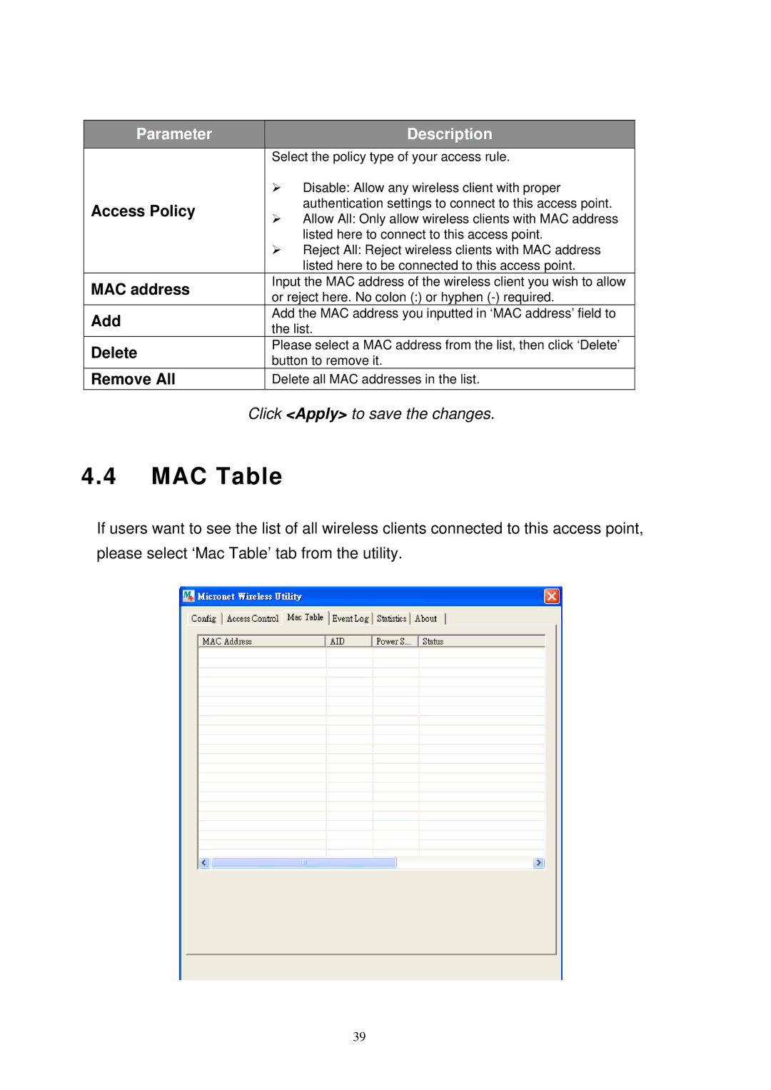 MicroNet Technology SP907NL user manual MAC Table 