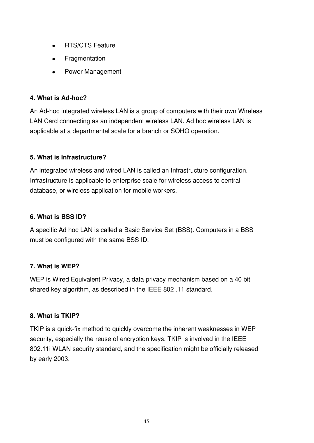 MicroNet Technology SP907NL What is Ad-hoc?, What is Infrastructure?, What is BSS ID?, What is WEP?, What is TKIP? 