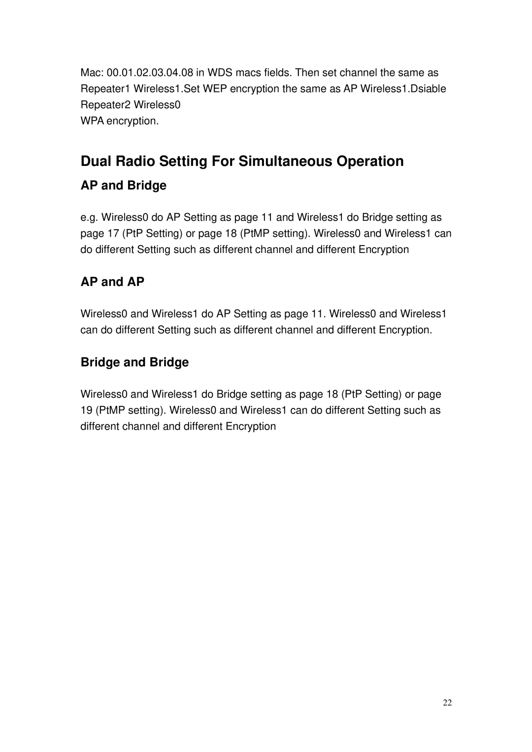 MicroNet Technology SP915G user manual Dual Radio Setting For Simultaneous Operation, AP and Bridge 