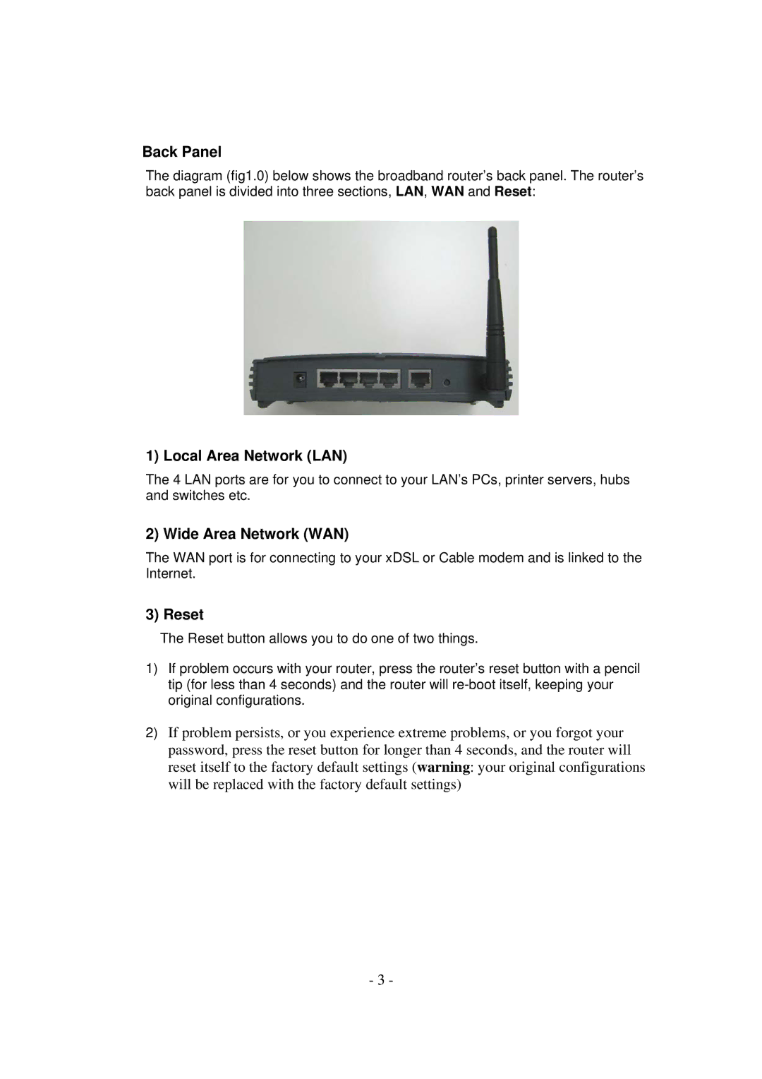 MicroNet Technology SP916GK user manual Back Panel, Local Area Network LAN, Wide Area Network WAN, Reset 