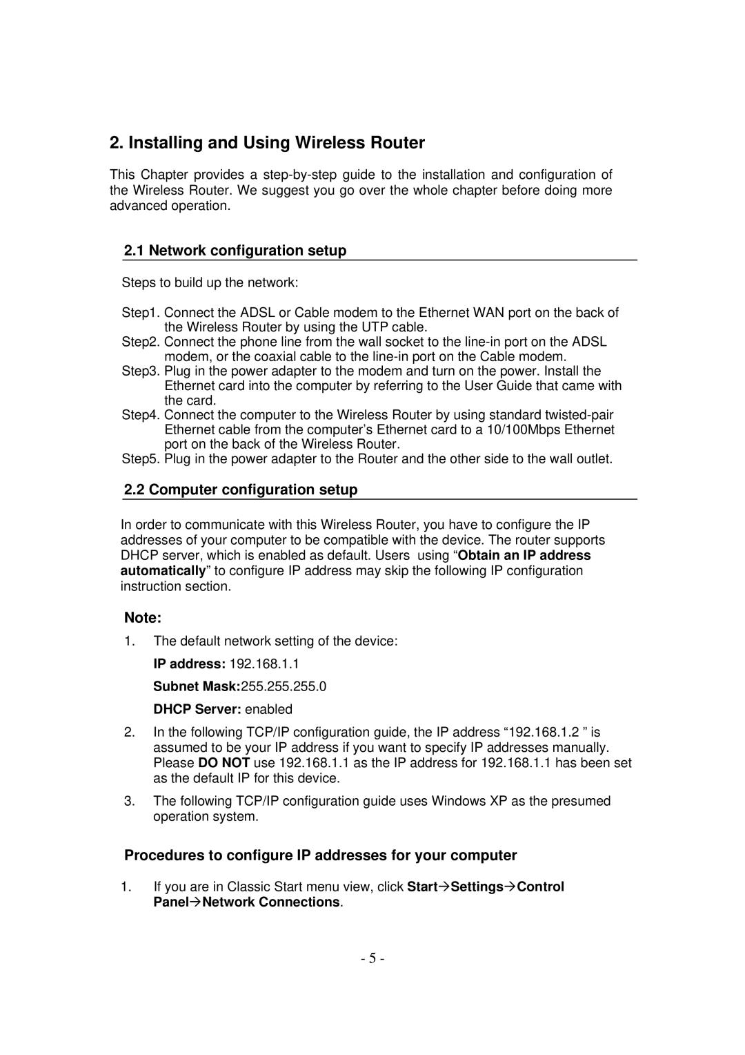 MicroNet Technology SP916GK user manual Network configuration setup, Procedures to configure IP addresses for your computer 