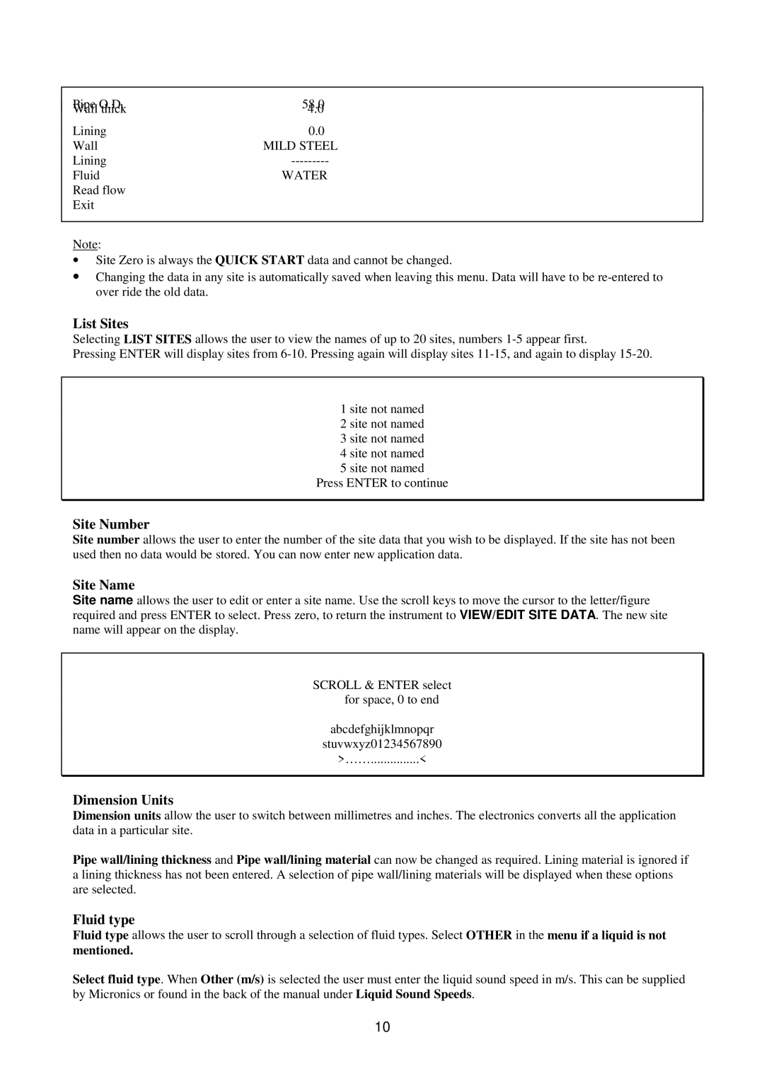 Micronics 216 manual List Sites, Site Number, Site Name, Dimension Units, Fluid type 