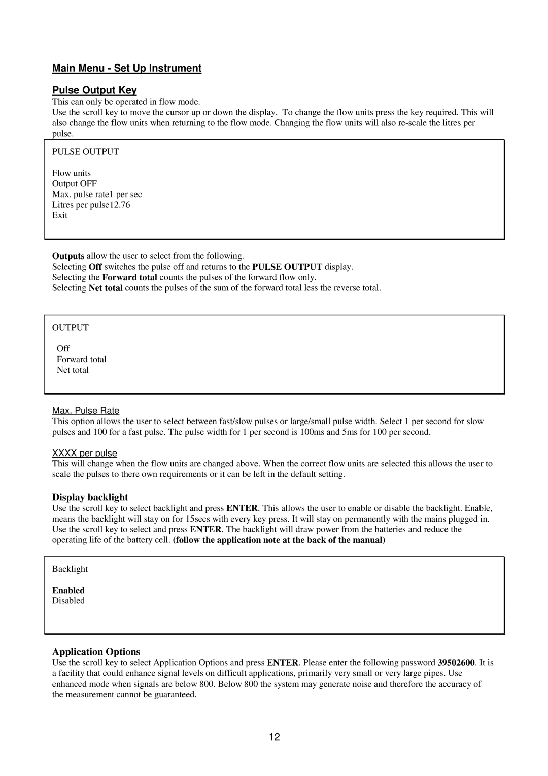 Micronics 216 manual Main Menu Set Up Instrument Pulse Output Key, Display backlight, Application Options, Enabled 