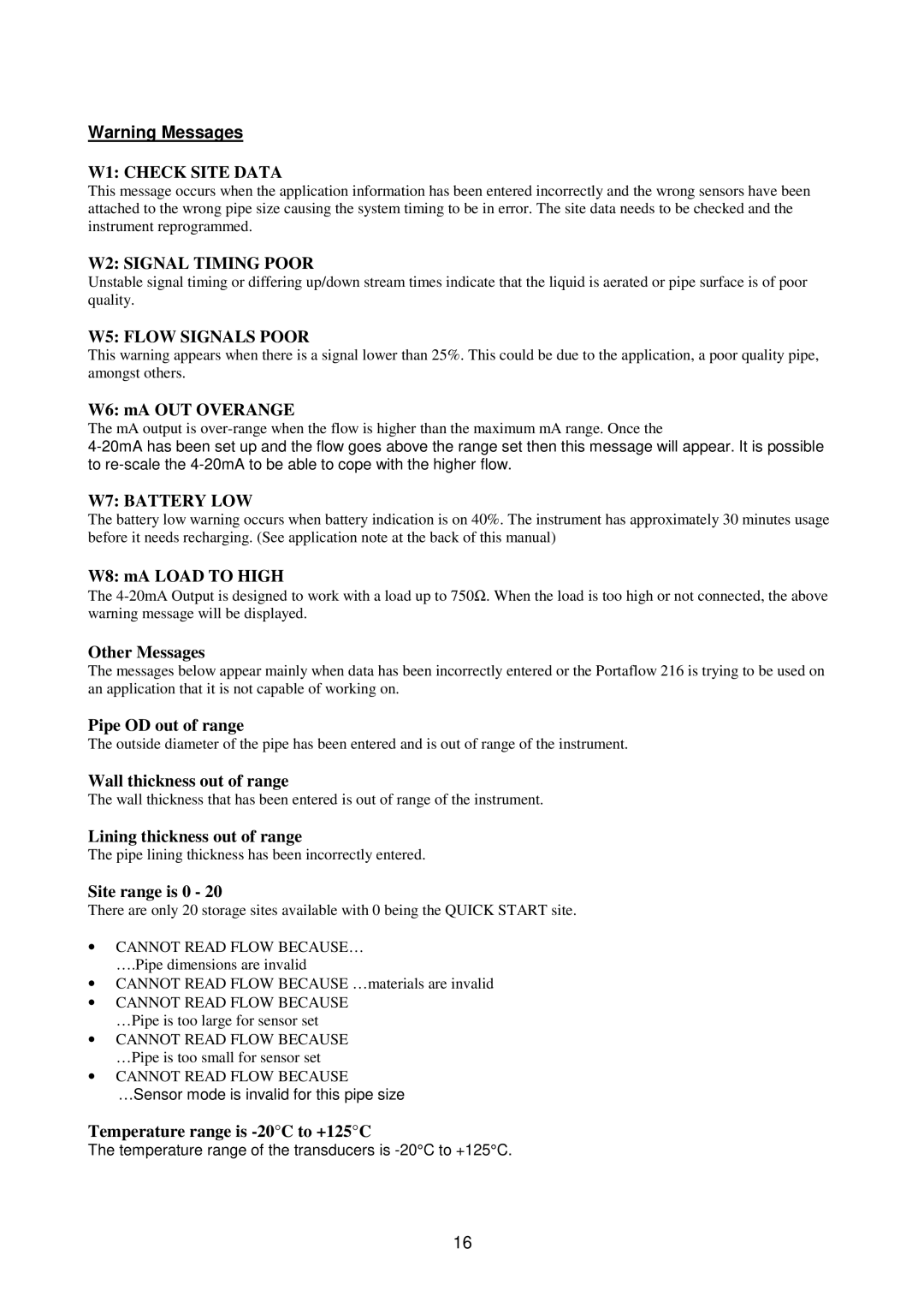 Micronics 216 W6 mA OUT Overange, W8 mA Load to High, Other Messages, Pipe OD out of range, Wall thickness out of range 