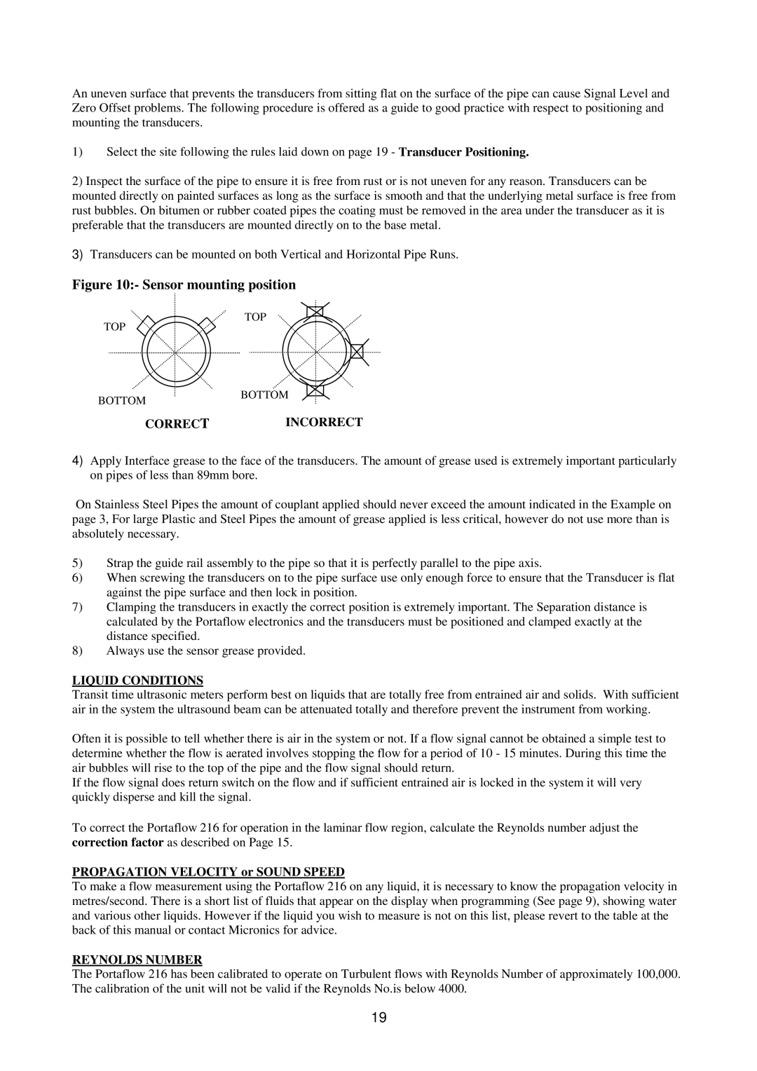 Micronics 216 manual Correctincorrect, Liquid Conditions, Propagation Velocity or Sound Speed, Reynolds Number 