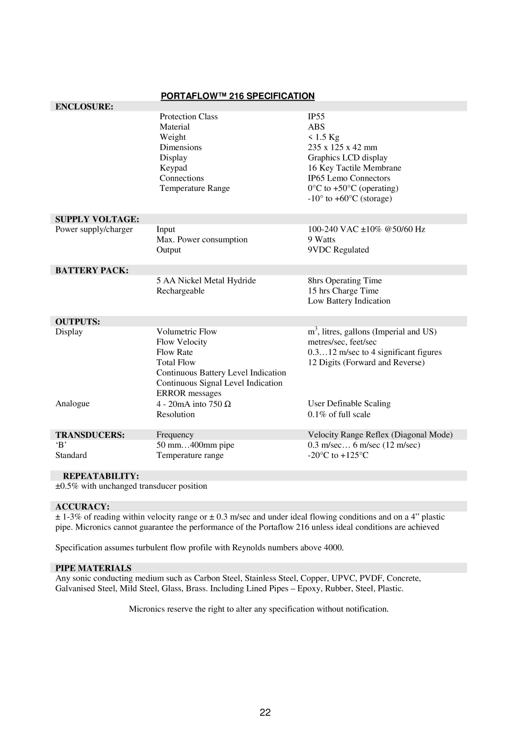 Micronics 216 manual Enclosure, Supply Voltage, Battery Pack, Outputs, Transducers, Repeatability, Accuracy, Pipe Materials 