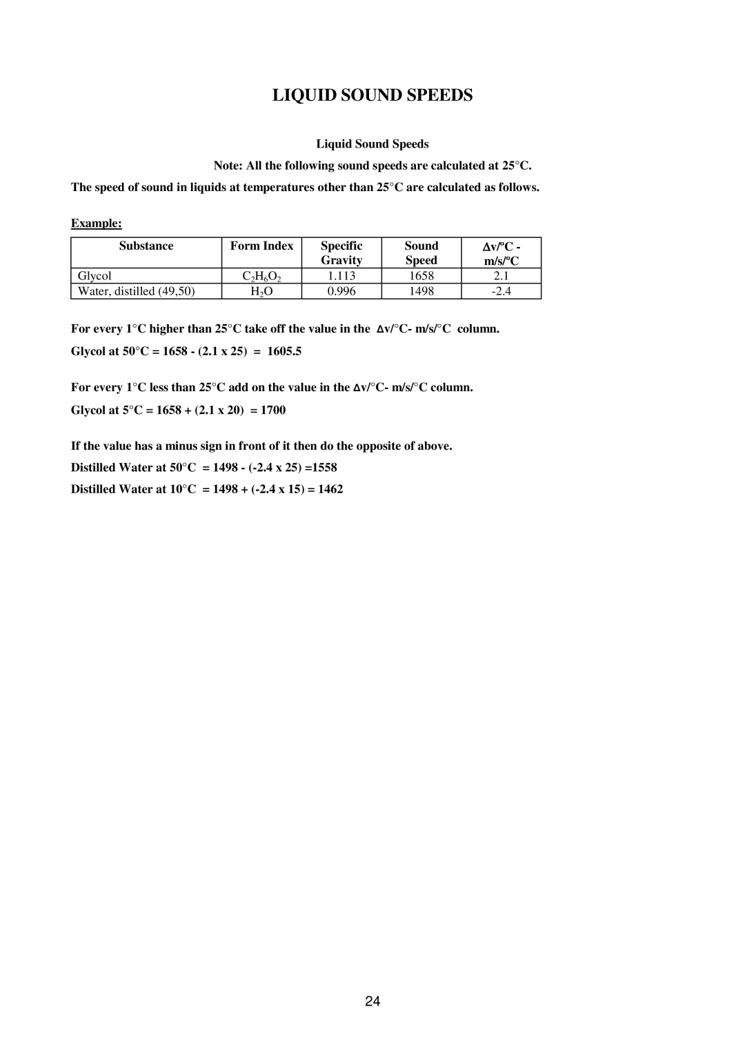 Micronics 216 manual Liquid Sound Speeds, H2O 