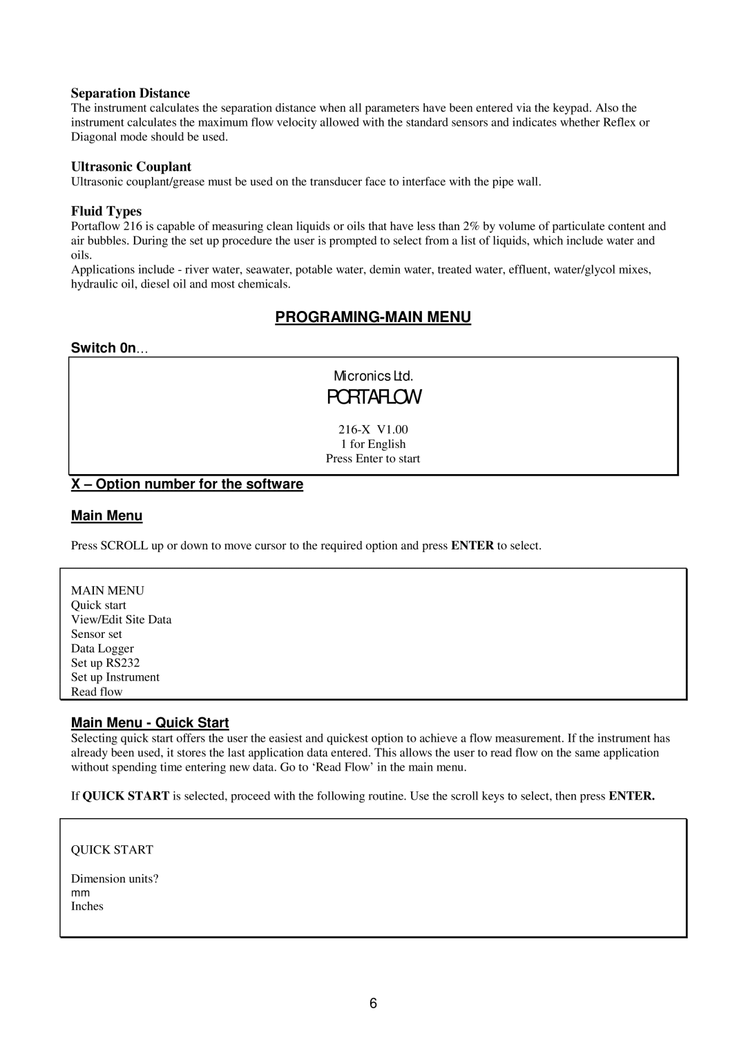 Micronics 216 manual Switch 0n…, Option number for the software Main Menu, Main Menu Quick Start 