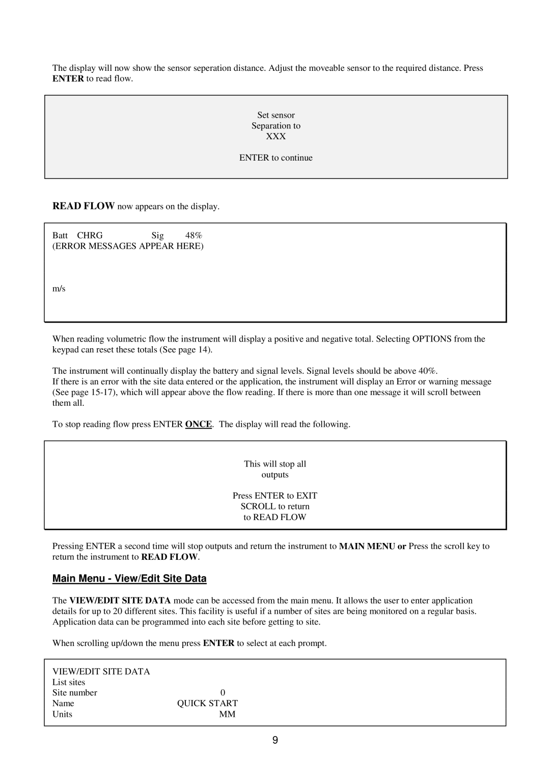 Micronics 216 manual Main Menu View/Edit Site Data, Xxx, Error Messages Appear Here, VIEW/EDIT Site Data 