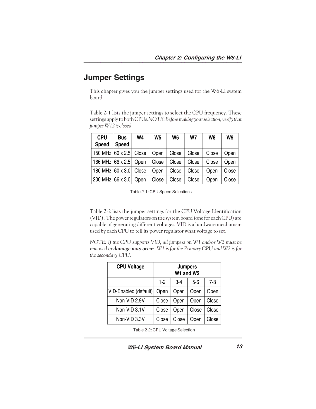 Micronics W6-LI manual Jumper Settings, Cpu 