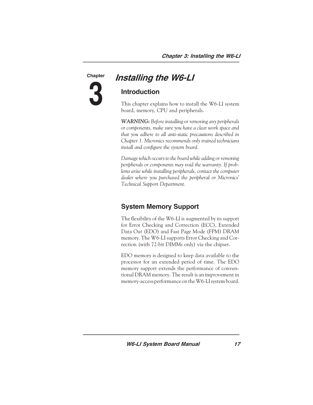 Micronics manual Installing the W6-LI, Introduction 