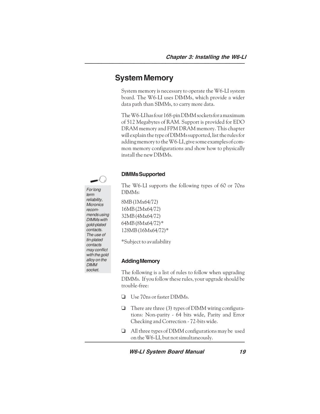 Micronics W6-LI manual System Memory 