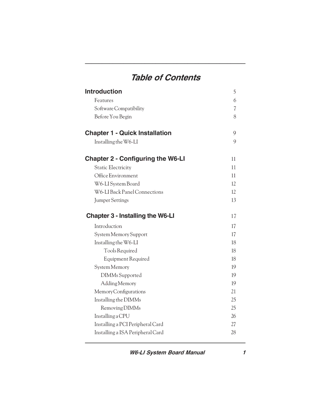 Micronics W6-LI manual Table of Contents 