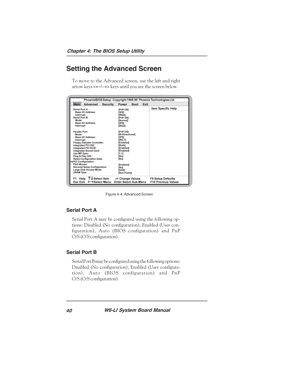 Micronics W6-LI manual Setting the Advanced Screen, Serial Port a, Serial Port B 