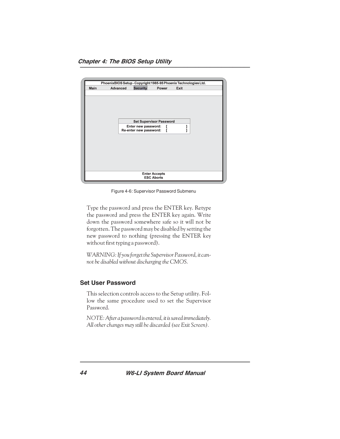 Micronics W6-LI manual Set User Password, Supervisor Password Submenu 