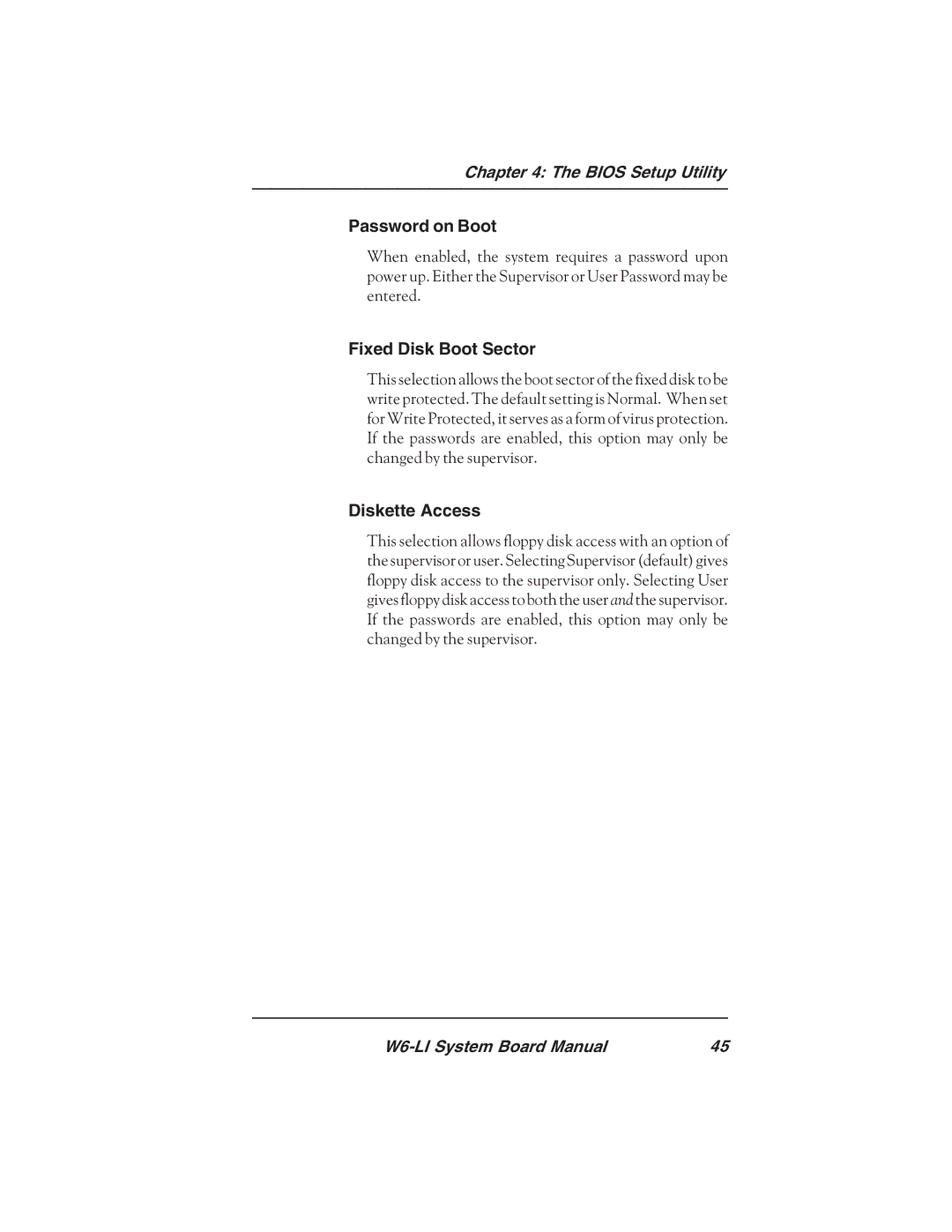 Micronics W6-LI manual Password on Boot, Fixed Disk Boot Sector, Diskette Access 