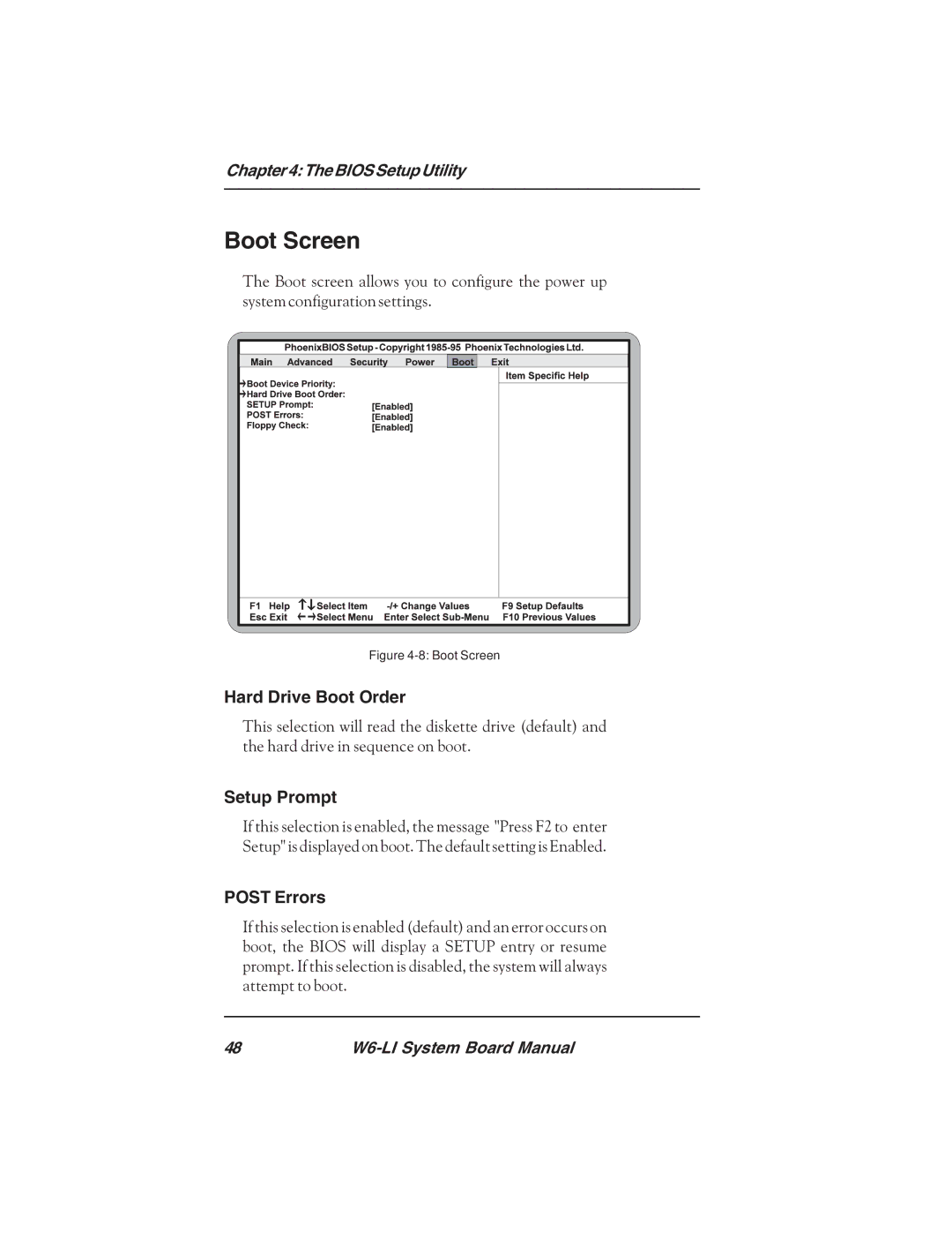 Micronics W6-LI manual Boot Screen, Hard Drive Boot Order, Setup Prompt, Post Errors 