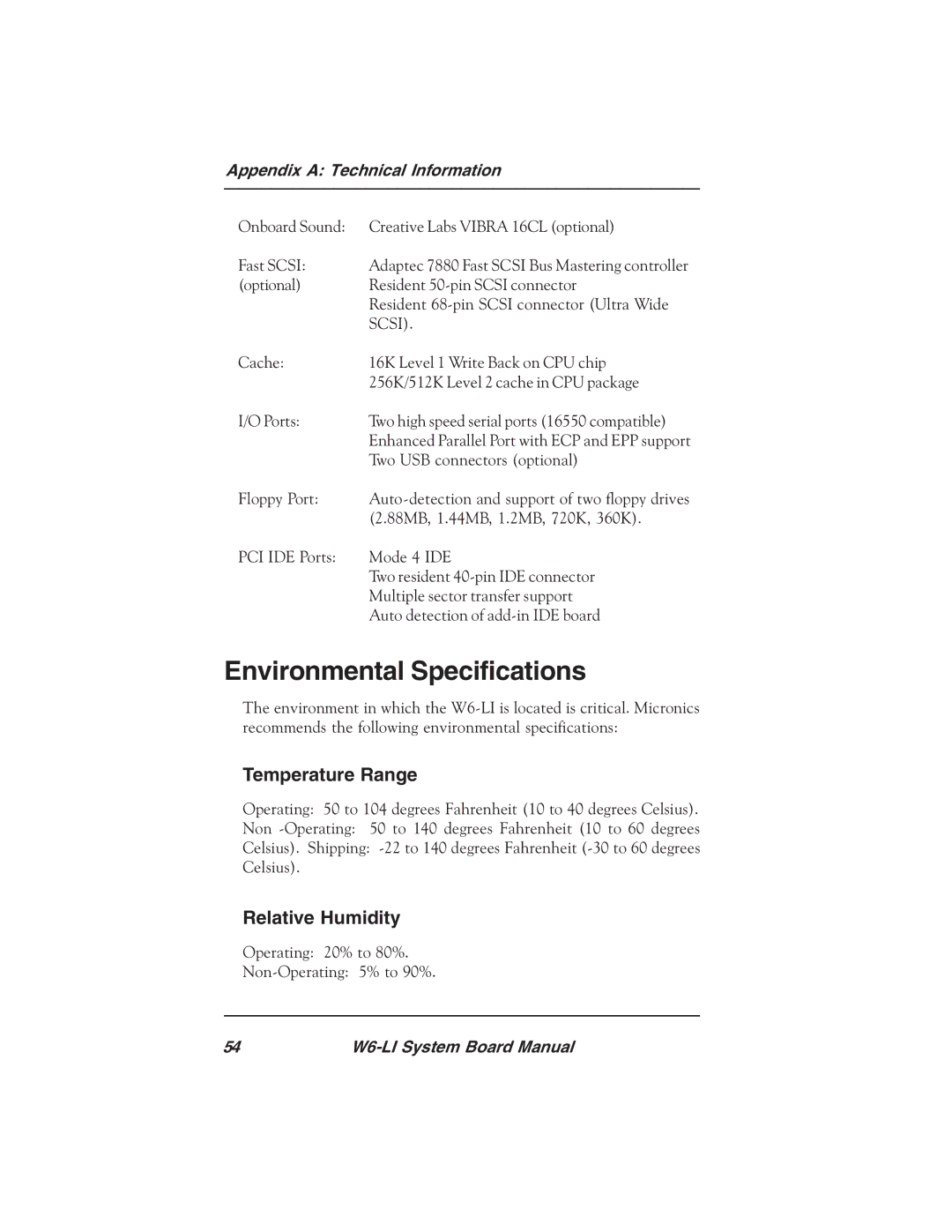 Micronics W6-LI manual Environmental Specifications, Scsi 